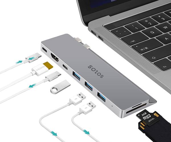SOLOS Dual Type C Hub comes with the PD recharging function, allowing you to charge your laptop while expanding connections at the same time